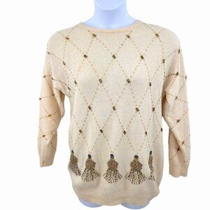 VINTAGE CREAM BEADED LAMBSWOOL ANGORA SWEATER W/ TASSEL EMBELLISHMENTS - M